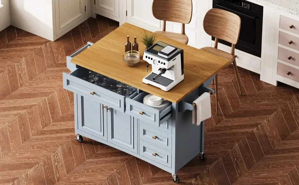 K&K 52'' Kitchen Island with Drop Leaf, Embossed Texture Kitchen Island on Wheels with Spice Rack, Towel Rack, 2 Doors and 5 Drawers, Kitchen Storage Cart with Adjustable Shelf for Kitchen, Blue Grey Default -DTYStore