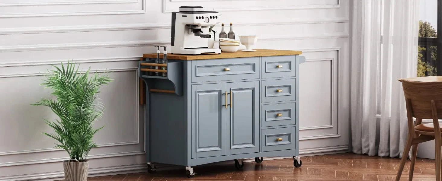 K&K 52'' Kitchen Island with Drop Leaf, Embossed Texture Kitchen Island on Wheels with Spice Rack, Towel Rack, 2 Doors and 5 Drawers, Kitchen Storage Cart with Adjustable Shelf for Kitchen, Blue Grey Default -DTYStore