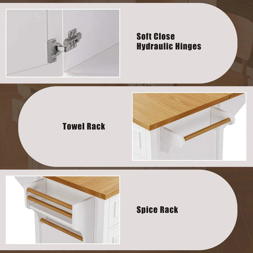 K&K 52'' Kitchen Island with Drop Leaf, Embossed Texture Kitchen Island on Wheels with Spice Rack, Towel Rack, 2 Doors and 5 Drawers, Kitchen Storage Cart with Adjustable Shelf for Kitchen, White Default -DTYStore