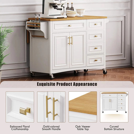 K&K 52'' Kitchen Island with Drop Leaf, Embossed Texture Kitchen Island on Wheels with Spice Rack, Towel Rack, 2 Doors and 5 Drawers, Kitchen Storage Cart with Adjustable Shelf for Kitchen, White Default -DTYStore