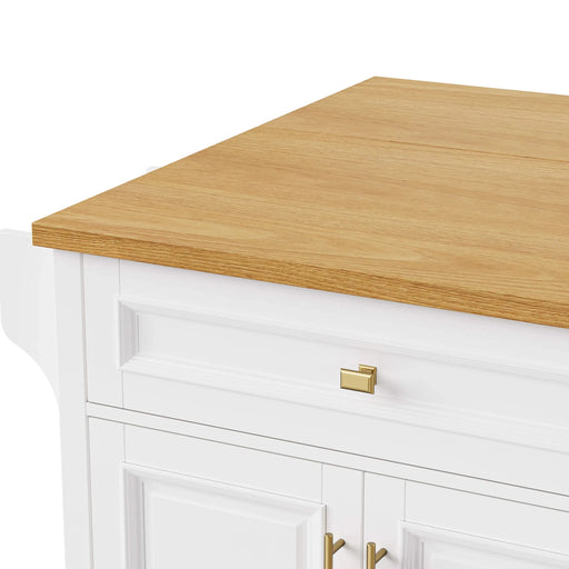 K&K 52'' Kitchen Island with Drop Leaf, Embossed Texture Kitchen Island on Wheels with Spice Rack, Towel Rack, 2 Doors and 5 Drawers, Kitchen Storage Cart with Adjustable Shelf for Kitchen, White Default -DTYStore