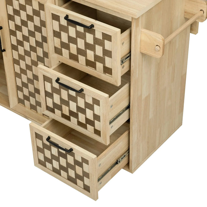 K&K 53.2'W 3D Woven Checkerboard Pattern Design Kitchen Island with Drop Leaf, Rolling Kitchen Island on Wheels with Internal Storage Rack, Power Outlet, Kitchen Cart with 3 Drawers 2 Cabinets, Nature Default -DTYStore