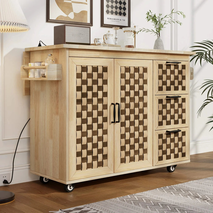 K&K 53.2'W 3D Woven Checkerboard Pattern Design Kitchen Island with Drop Leaf, Rolling Kitchen Island on Wheels with Internal Storage Rack, Power Outlet, Kitchen Cart with 3 Drawers 2 Cabinets, Nature Default -DTYStore