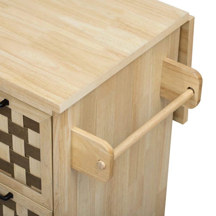 K&K 53.2'W 3D Woven Checkerboard Pattern Design Kitchen Island with Drop Leaf, Rolling Kitchen Island on Wheels with Internal Storage Rack, Power Outlet, Kitchen Cart with 3 Drawers 2 Cabinets, Nature Default -DTYStore