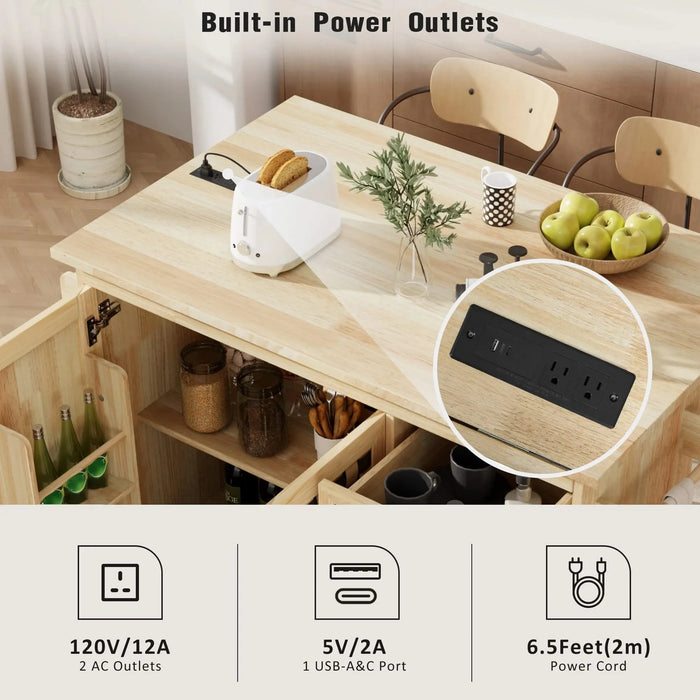 K&K 53.2'W 3D Woven Checkerboard Pattern Design Kitchen Island with Drop Leaf, Rolling Kitchen Island on Wheels with Internal Storage Rack, Power Outlet, Kitchen Cart with 3 Drawers 2 Cabinets, Nature Default -DTYStore