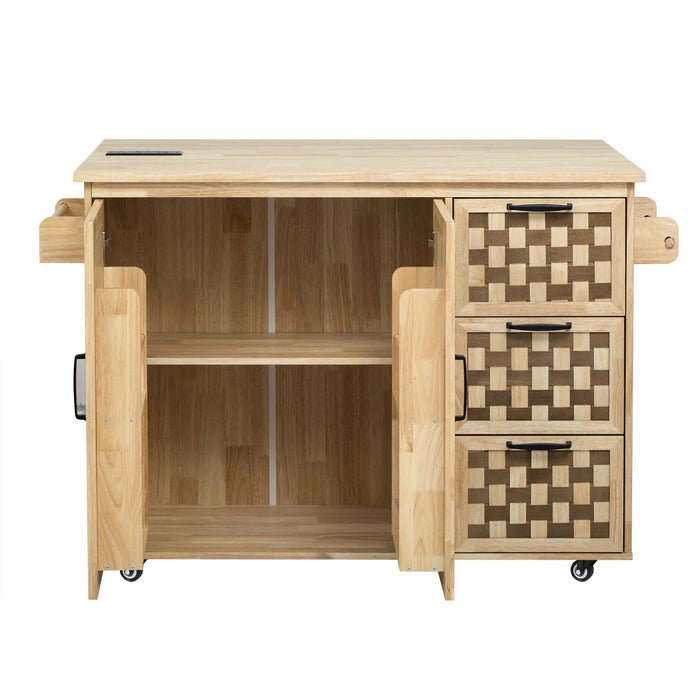 K&K 53.2'W 3D Woven Checkerboard Pattern Design Kitchen Island with Drop Leaf, Rolling Kitchen Island on Wheels with Internal Storage Rack, Power Outlet, Kitchen Cart with 3 Drawers 2 Cabinets, Nature Default -DTYStore