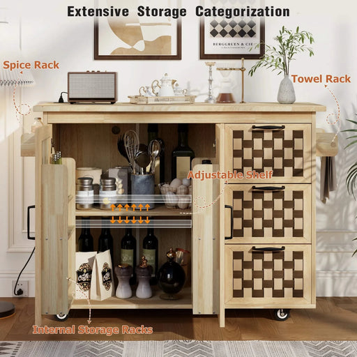 K&K 53.2'W 3D Woven Checkerboard Pattern Design Kitchen Island with Drop Leaf, Rolling Kitchen Island on Wheels with Internal Storage Rack, Power Outlet, Kitchen Cart with 3 Drawers 2 Cabinets, Nature Default -DTYStore