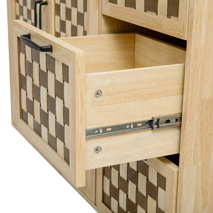 K&K 53.2'W 3D Woven Checkerboard Pattern Design Kitchen Island with Drop Leaf, Rolling Kitchen Island on Wheels with Internal Storage Rack, Power Outlet, Kitchen Cart with 3 Drawers 2 Cabinets, Nature Default -DTYStore