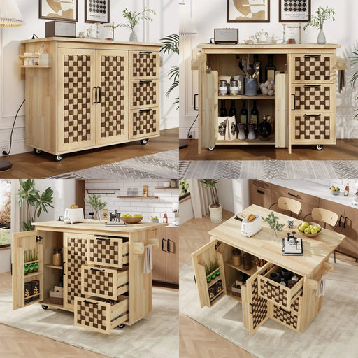 K&K 53.2'W 3D Woven Checkerboard Pattern Design Kitchen Island with Drop Leaf, Rolling Kitchen Island on Wheels with Internal Storage Rack, Power Outlet, Kitchen Cart with 3 Drawers 2 Cabinets, Nature Default -DTYStore