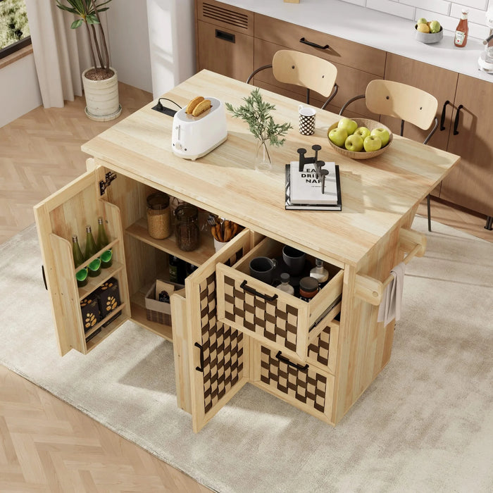 K&K 53.2'W 3D Woven Checkerboard Pattern Design Kitchen Island with Drop Leaf, Rolling Kitchen Island on Wheels with Internal Storage Rack, Power Outlet, Kitchen Cart with 3 Drawers 2 Cabinets, Nature Default -DTYStore