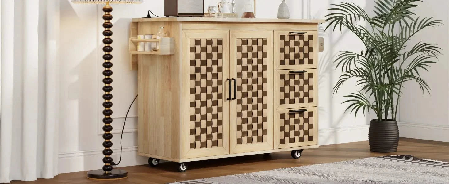 K&K 53.2'W 3D Woven Checkerboard Pattern Design Kitchen Island with Drop Leaf, Rolling Kitchen Island on Wheels with Internal Storage Rack, Power Outlet, Kitchen Cart with 3 Drawers 2 Cabinets, Nature Default -DTYStore