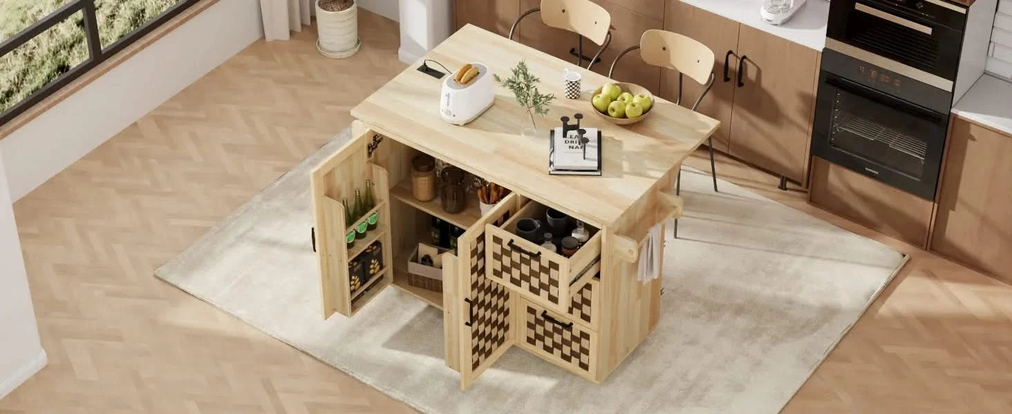 K&K 53.2'W 3D Woven Checkerboard Pattern Design Kitchen Island with Drop Leaf, Rolling Kitchen Island on Wheels with Internal Storage Rack, Power Outlet, Kitchen Cart with 3 Drawers 2 Cabinets, Nature Default -DTYStore