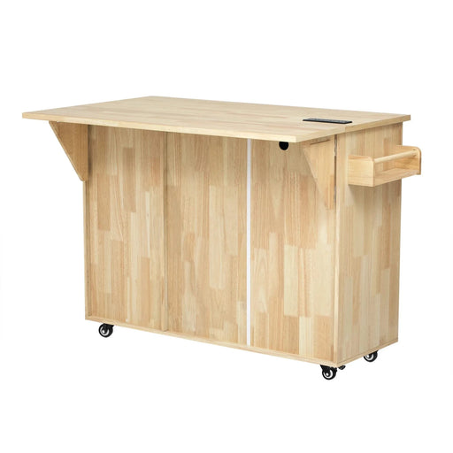 K&K 53.2'W 3D Woven Checkerboard Pattern Design Kitchen Island with Drop Leaf, Rolling Kitchen Island on Wheels with Internal Storage Rack, Power Outlet, Kitchen Cart with 3 Drawers 2 Cabinets, Nature Default -DTYStore