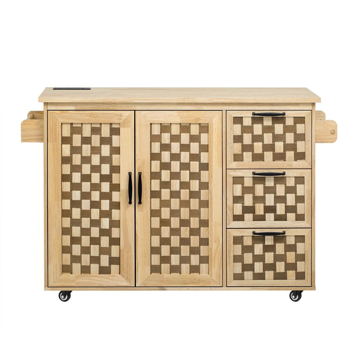 K&K 53.2'W 3D Woven Checkerboard Pattern Design Kitchen Island with Drop Leaf, Rolling Kitchen Island on Wheels with Internal Storage Rack, Power Outlet, Kitchen Cart with 3 Drawers 2 Cabinets, Nature Default -DTYStore