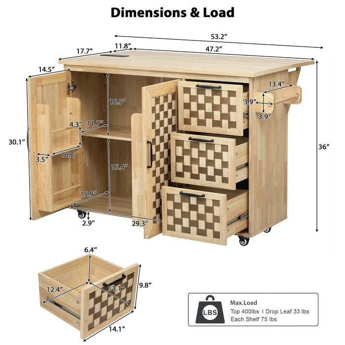 K&K 53.2'W 3D Woven Checkerboard Pattern Design Kitchen Island with Drop Leaf, Rolling Kitchen Island on Wheels with Internal Storage Rack, Power Outlet, Kitchen Cart with 3 Drawers 2 Cabinets, Nature Default -DTYStore