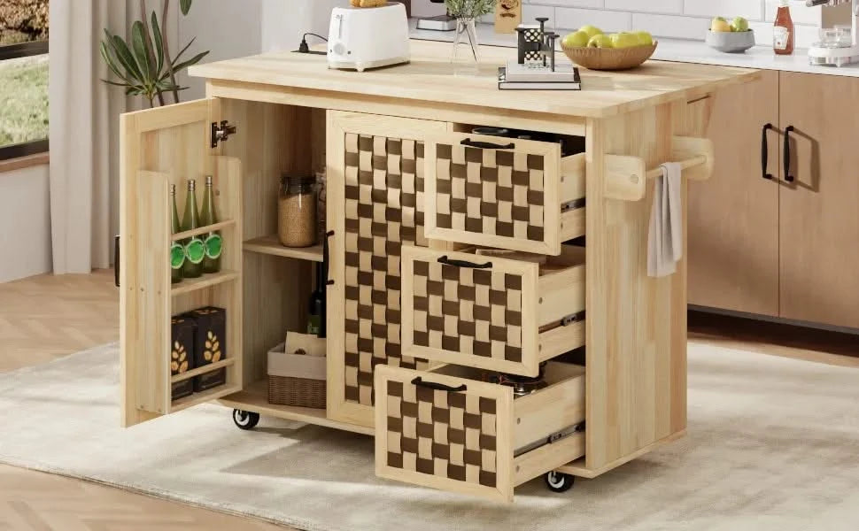 K&K 53.2'W 3D Woven Checkerboard Pattern Design Kitchen Island with Drop Leaf, Rolling Kitchen Island on Wheels with Internal Storage Rack, Power Outlet, Kitchen Cart with 3 Drawers 2 Cabinets, Nature Default -DTYStore