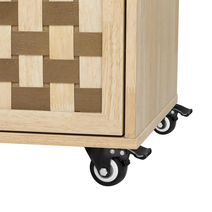 K&K 53.2'W 3D Woven Checkerboard Pattern Design Kitchen Island with Drop Leaf, Rolling Kitchen Island on Wheels with Internal Storage Rack, Power Outlet, Kitchen Cart with 3 Drawers 2 Cabinets, Nature Default -DTYStore