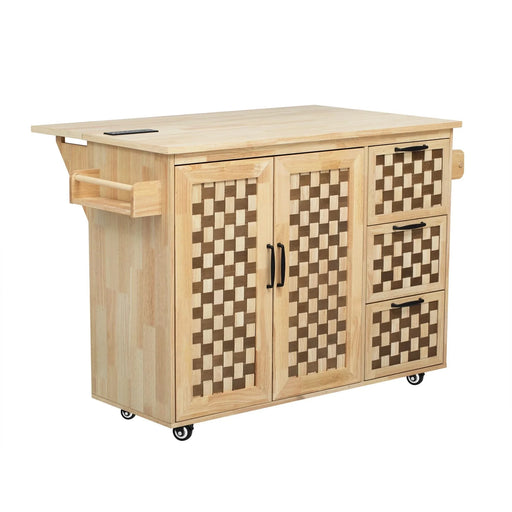 K&K 53.2'W 3D Woven Checkerboard Pattern Design Kitchen Island with Drop Leaf, Rolling Kitchen Island on Wheels with Internal Storage Rack, Power Outlet, Kitchen Cart with 3 Drawers 2 Cabinets, Nature Default -DTYStore