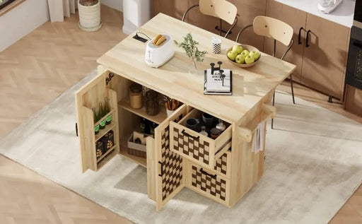 K&K 53.2'W 3D Woven Checkerboard Pattern Design Kitchen Island with Drop Leaf, Rolling Kitchen Island on Wheels with Internal Storage Rack, Power Outlet, Kitchen Cart with 3 Drawers 2 Cabinets, Nature Default -DTYStore