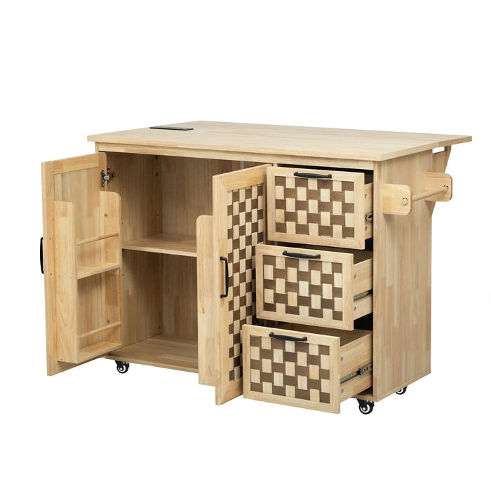 K&K 53.2'W 3D Woven Checkerboard Pattern Design Kitchen Island with Drop Leaf, Rolling Kitchen Island on Wheels with Internal Storage Rack, Power Outlet, Kitchen Cart with 3 Drawers 2 Cabinets, Nature Default -DTYStore