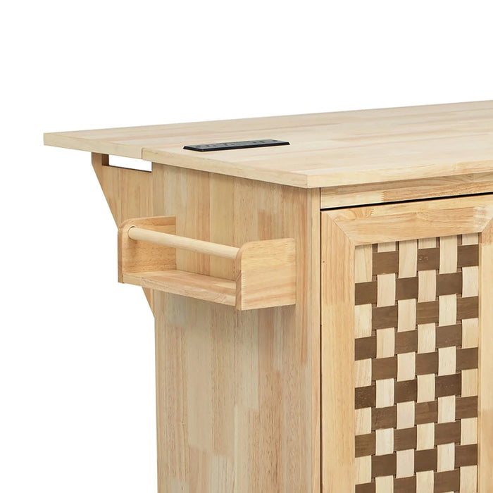 K&K 53.2'W 3D Woven Checkerboard Pattern Design Kitchen Island with Drop Leaf, Rolling Kitchen Island on Wheels with Internal Storage Rack, Power Outlet, Kitchen Cart with 3 Drawers 2 Cabinets, Nature Default -DTYStore