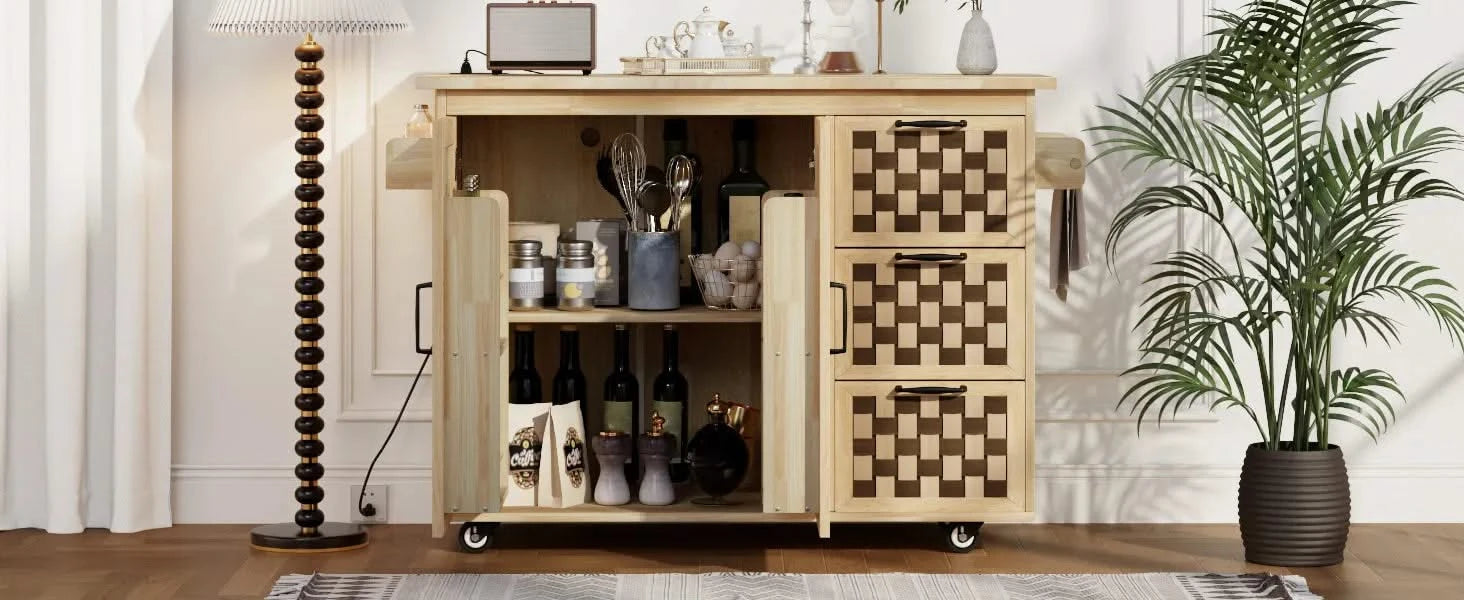 K&K 53.2'W 3D Woven Checkerboard Pattern Design Kitchen Island with Drop Leaf, Rolling Kitchen Island on Wheels with Internal Storage Rack, Power Outlet, Kitchen Cart with 3 Drawers 2 Cabinets, Nature Default -DTYStore