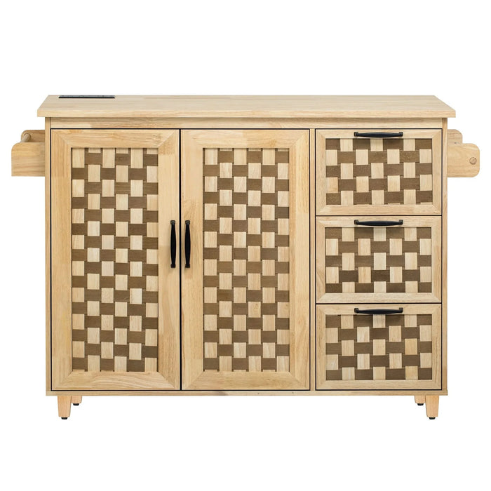K&K 53.2'W 3D Woven Checkerboard Pattern Design Kitchen Island with Drop Leaf, Rolling Kitchen Island on Wheels with Internal Storage Rack, Power Outlet, Kitchen Cart with 3 Drawers 2 Cabinets, Nature Default -DTYStore
