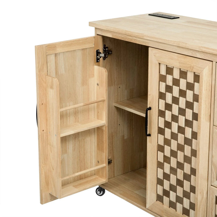 K&K 53.2'W 3D Woven Checkerboard Pattern Design Kitchen Island with Drop Leaf, Rolling Kitchen Island on Wheels with Internal Storage Rack, Power Outlet, Kitchen Cart with 3 Drawers 2 Cabinets, Nature Default -DTYStore