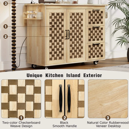 K&K 53.2'W 3D Woven Checkerboard Pattern Design Kitchen Island with Drop Leaf, Rolling Kitchen Island on Wheels with Internal Storage Rack, Power Outlet, Kitchen Cart with 3 Drawers 2 Cabinets, Nature Default -DTYStore