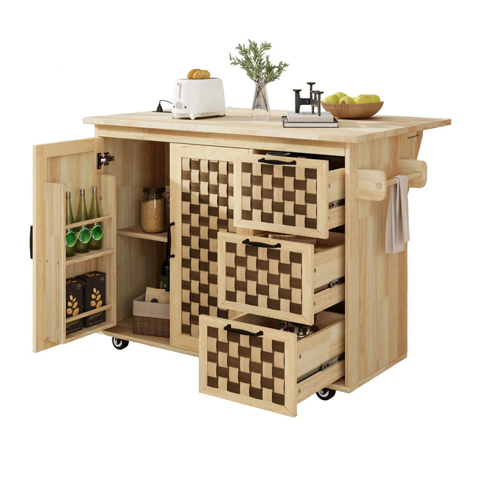 K&K 53.2'W 3D Woven Checkerboard Pattern Design Kitchen Island with Drop Leaf, Rolling Kitchen Island on Wheels with Internal Storage Rack, Power Outlet, Kitchen Cart with 3 Drawers 2 Cabinets, Nature Default -DTYStore