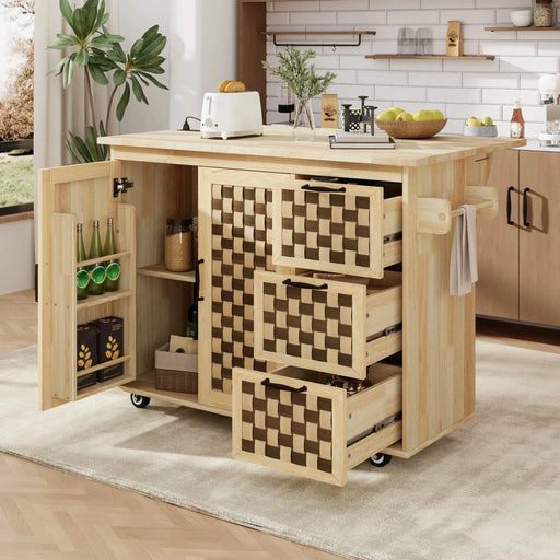 K&K 53.2'W 3D Woven Checkerboard Pattern Design Kitchen Island with Drop Leaf, Rolling Kitchen Island on Wheels with Internal Storage Rack, Power Outlet, Kitchen Cart with 3 Drawers 2 Cabinets, Nature Default -DTYStore