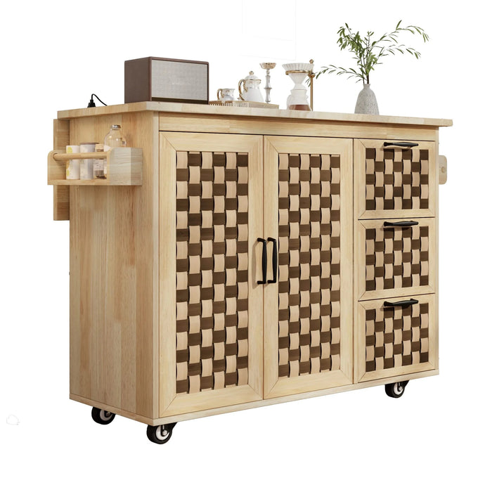 K&K 53.2'W 3D Woven Checkerboard Pattern Design Kitchen Island with Drop Leaf, Rolling Kitchen Island on Wheels with Internal Storage Rack, Power Outlet, Kitchen Cart with 3 Drawers 2 Cabinets, Nature Default -DTYStore