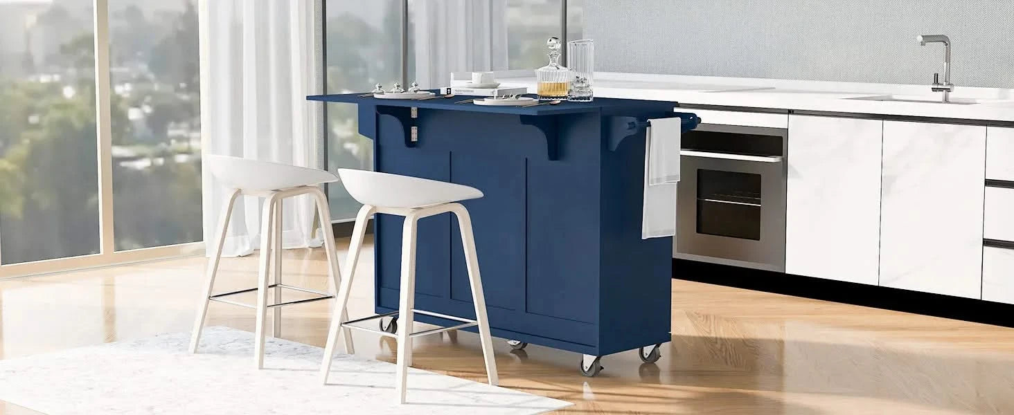 K&K 53.2'' Kitchen Island with Drop Leaf, Kitchen Storage Cart with Spice Rack, Towel Rack and 2 Drawers, Rolling Kitchen Island on Wheels with Adjustable Shelves for Kitchen, Dining Room, Navy Blue Default -DTYStore