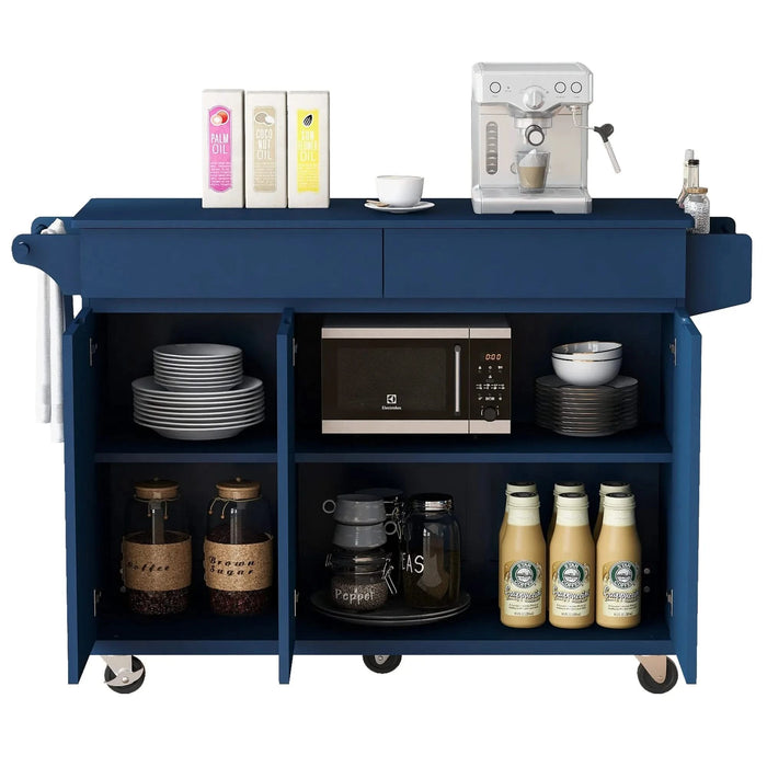 K&K 53.2'' Kitchen Island with Drop Leaf, Kitchen Storage Cart with Spice Rack, Towel Rack and 2 Drawers, Rolling Kitchen Island on Wheels with Adjustable Shelves for Kitchen, Dining Room, Navy Blue Default -DTYStore