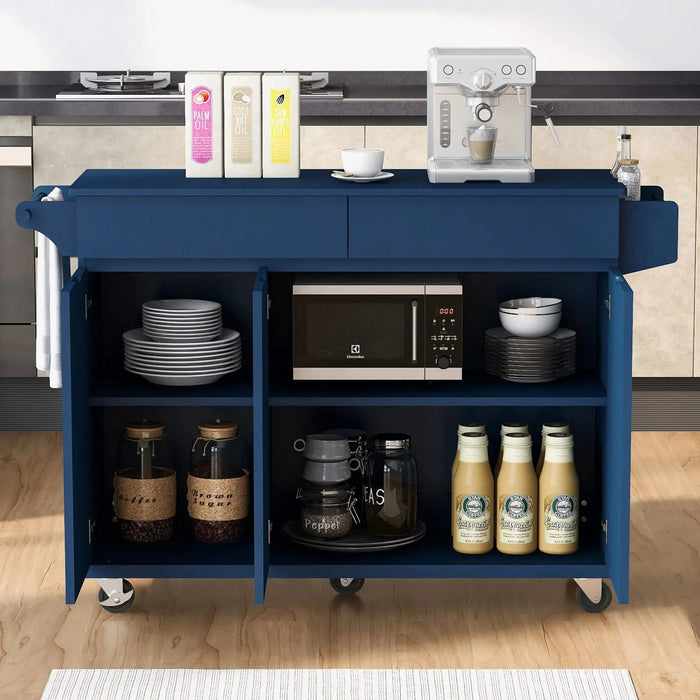 K&K 53.2'' Kitchen Island with Drop Leaf, Kitchen Storage Cart with Spice Rack, Towel Rack and 2 Drawers, Rolling Kitchen Island on Wheels with Adjustable Shelves for Kitchen, Dining Room, Navy Blue Default -DTYStore