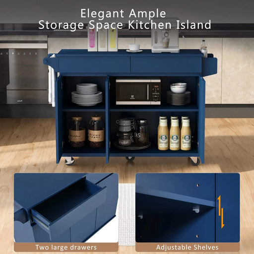 K&K 53.2'' Kitchen Island with Drop Leaf, Kitchen Storage Cart with Spice Rack, Towel Rack and 2 Drawers, Rolling Kitchen Island on Wheels with Adjustable Shelves for Kitchen, Dining Room, Navy Blue Default -DTYStore