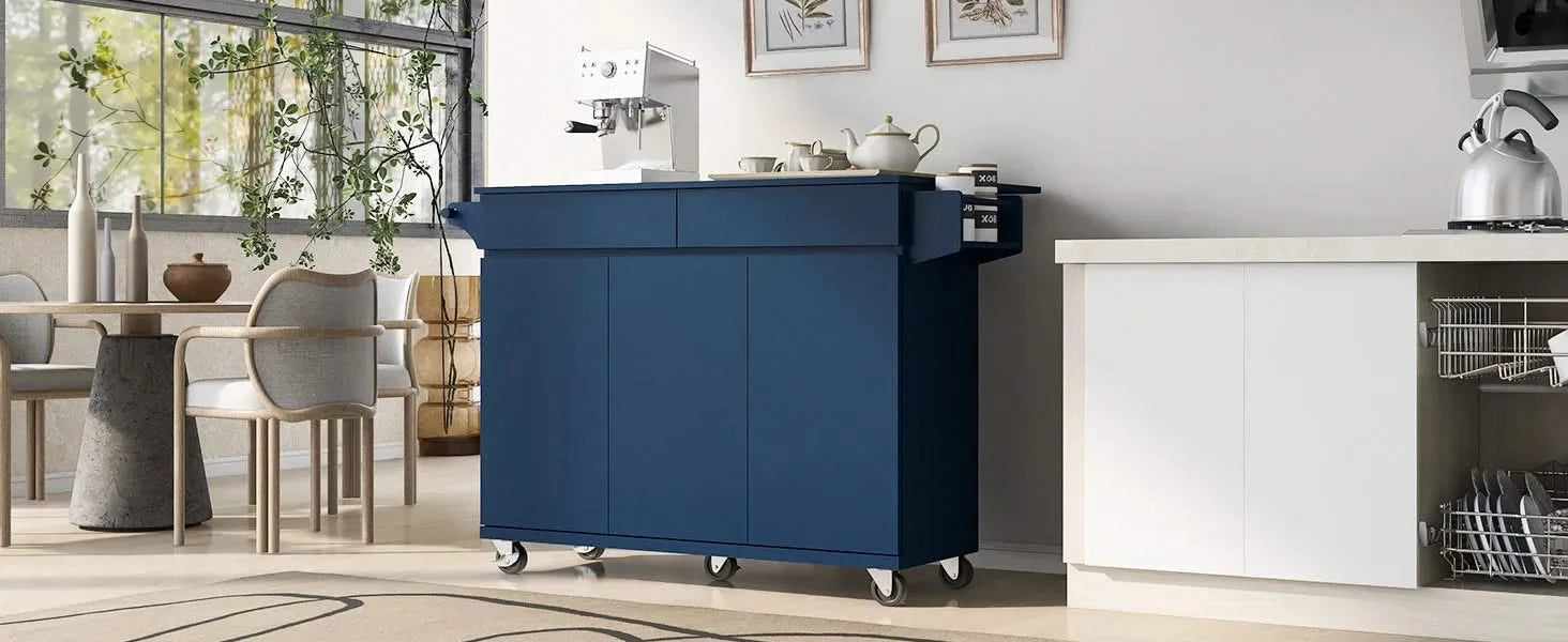 K&K 53.2'' Kitchen Island with Drop Leaf, Kitchen Storage Cart with Spice Rack, Towel Rack and 2 Drawers, Rolling Kitchen Island on Wheels with Adjustable Shelves for Kitchen, Dining Room, Navy Blue Default -DTYStore