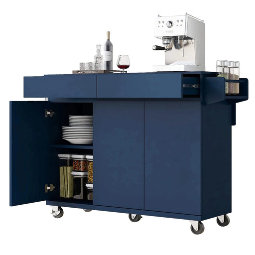 K&K 53.2'' Kitchen Island with Drop Leaf, Kitchen Storage Cart with Spice Rack, Towel Rack and 2 Drawers, Rolling Kitchen Island on Wheels with Adjustable Shelves for Kitchen, Dining Room, Navy Blue Default -DTYStore