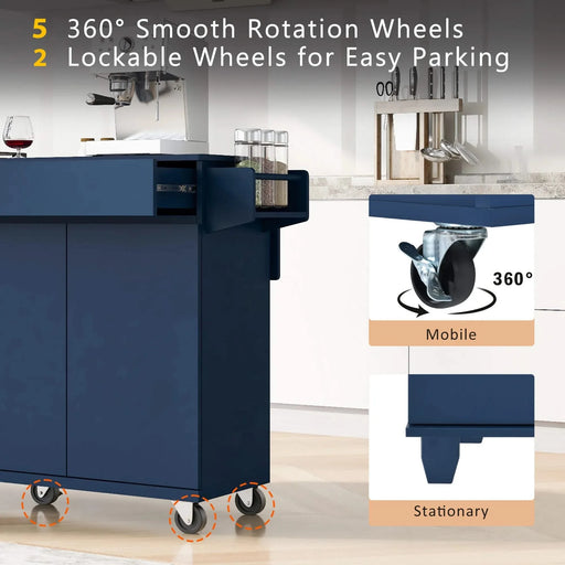 K&K 53.2'' Kitchen Island with Drop Leaf, Kitchen Storage Cart with Spice Rack, Towel Rack and 2 Drawers, Rolling Kitchen Island on Wheels with Adjustable Shelves for Kitchen, Dining Room, Navy Blue Default -DTYStore