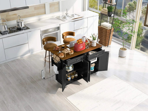 K&K 53.5''Farmhouse Kitchen Island with Power Outlet, Kitchen Storage Island with Drop Leaf, Spice Rack and Drawer, Rolling Kitchen Cart on Wheels, for Home, Kitchen and Dining Room, Black Default -DTYStore