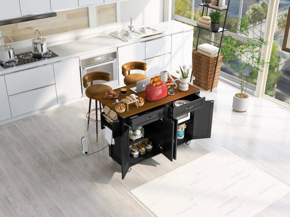 K&K 53.5''Farmhouse Kitchen Island with Power Outlet, Kitchen Storage Island with Drop Leaf, Spice Rack and Drawer, Rolling Kitchen Cart on Wheels, for Home, Kitchen and Dining Room, Black Default -DTYStore