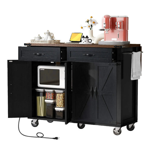 K&K 53.5''Farmhouse Kitchen Island with Power Outlet, Kitchen Storage Island with Drop Leaf, Spice Rack and Drawer, Rolling Kitchen Cart on Wheels, for Home, Kitchen and Dining Room, Black Default -DTYStore