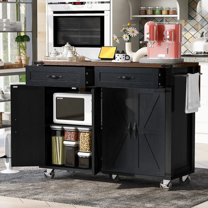 K&K 53.5''Farmhouse Kitchen Island with Power Outlet, Kitchen Storage Island with Drop Leaf, Spice Rack and Drawer, Rolling Kitchen Cart on Wheels, for Home, Kitchen and Dining Room, Black Default -DTYStore
