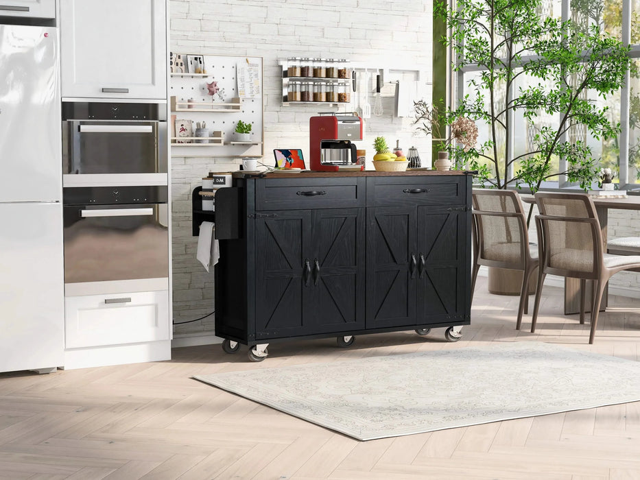 K&K 53.5''Farmhouse Kitchen Island with Power Outlet, Kitchen Storage Island with Drop Leaf, Spice Rack and Drawer, Rolling Kitchen Cart on Wheels, for Home, Kitchen and Dining Room, Black Default -DTYStore