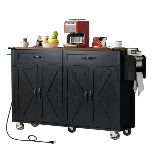 K&K 53.5''Farmhouse Kitchen Island with Power Outlet, Kitchen Storage Island with Drop Leaf, Spice Rack and Drawer, Rolling Kitchen Cart on Wheels, for Home, Kitchen and Dining Room, Black Default -DTYStore