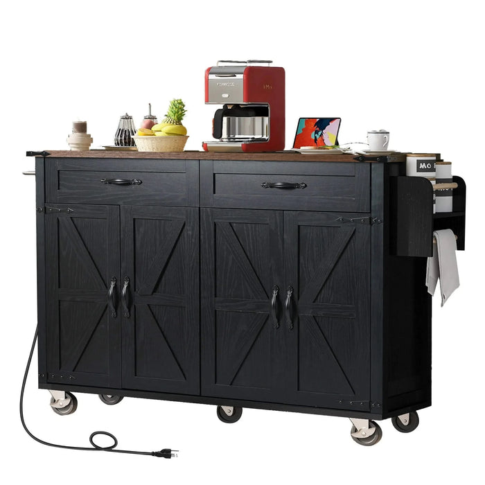 K&K 53.5''Farmhouse Kitchen Island with Power Outlet, Kitchen Storage Island with Drop Leaf, Spice Rack and Drawer, Rolling Kitchen Cart on Wheels, for Home, Kitchen and Dining Room, Black Default -DTYStore