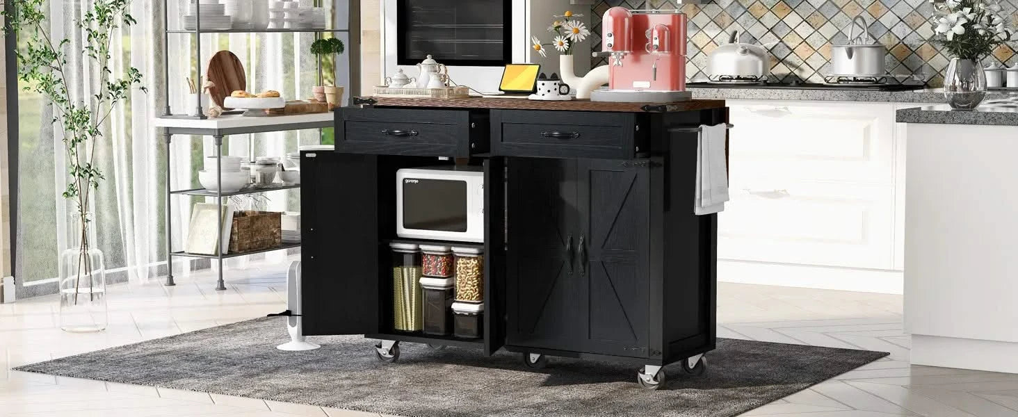 K&K 53.5''Farmhouse Kitchen Island with Power Outlet, Kitchen Storage Island with Drop Leaf, Spice Rack and Drawer, Rolling Kitchen Cart on Wheels, for Home, Kitchen and Dining Room, Black Default -DTYStore