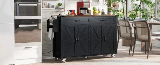 K&K 53.5''Farmhouse Kitchen Island with Power Outlet, Kitchen Storage Island with Drop Leaf, Spice Rack and Drawer, Rolling Kitchen Cart on Wheels, for Home, Kitchen and Dining Room, Black Default -DTYStore