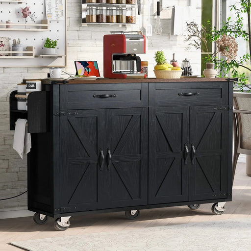 K&K 53.5''Farmhouse Kitchen Island with Power Outlet, Kitchen Storage Island with Drop Leaf, Spice Rack and Drawer, Rolling Kitchen Cart on Wheels, for Home, Kitchen and Dining Room, Black Default -DTYStore