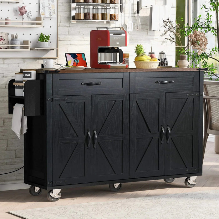 K&K 53.5''Farmhouse Kitchen Island with Power Outlet, Kitchen Storage Island with Drop Leaf, Spice Rack and Drawer, Rolling Kitchen Cart on Wheels, for Home, Kitchen and Dining Room, Black Default -DTYStore